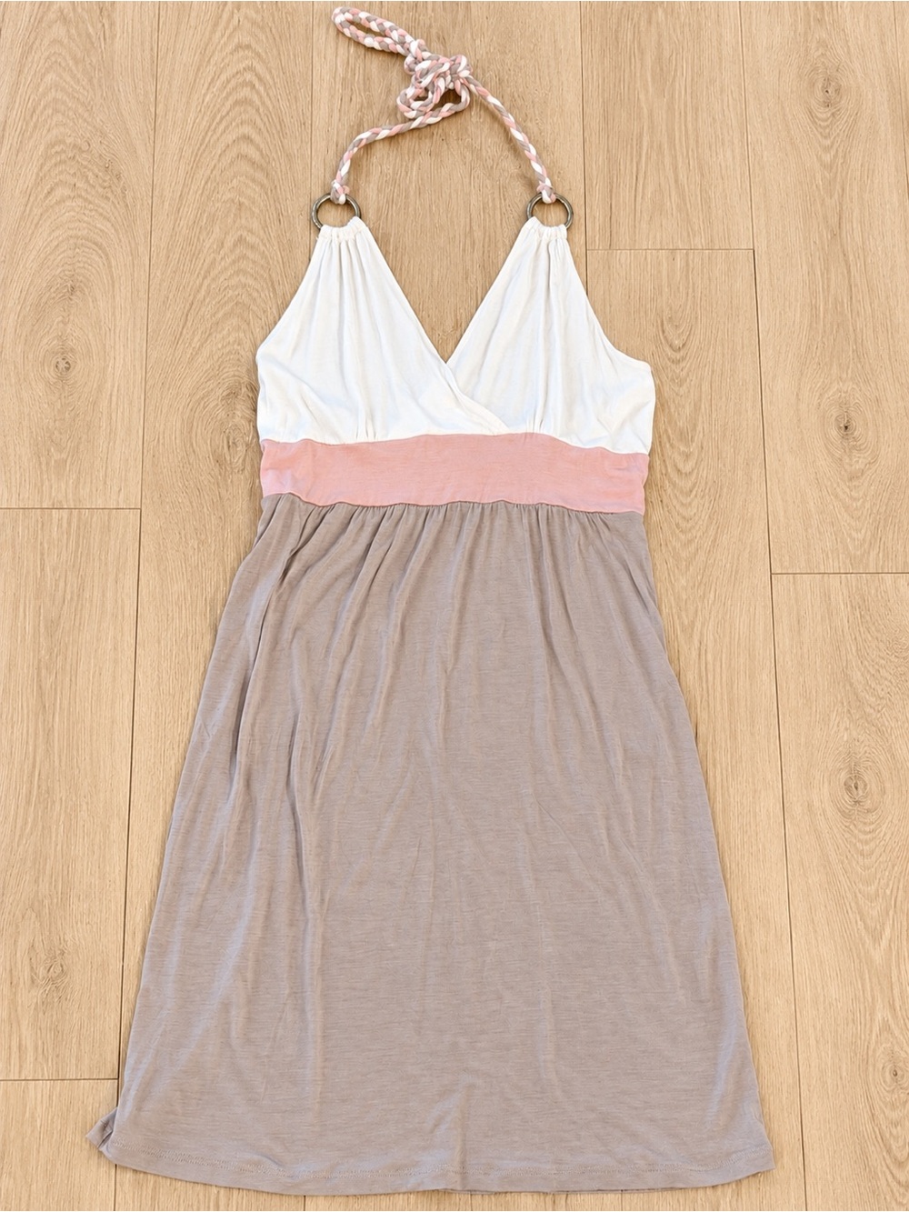 LASCANA Colorblock Halter Dress Pink Taupe White Braided Tie Casual Sundress